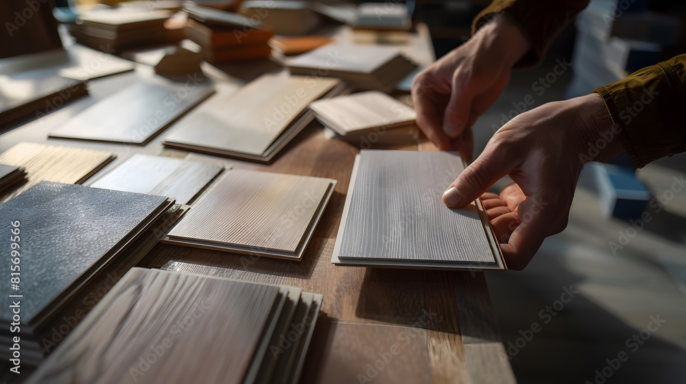 designer choosing flooring and furniture materials from samples for home interior design project : Generative AI designer choosing flooring and furniture materials from samples for home interior design project : Generative AI