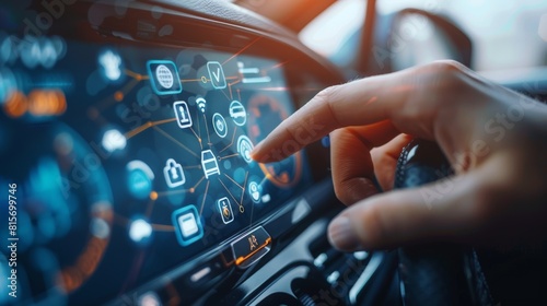Finger pressing on car dashboard, activating IoT features with virtual icons appearing photo