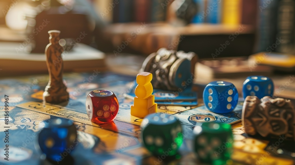 Tabletop gaming board game figures mockup with dice, board and gaming accessories and components Tabletop gaming board game figures mockup with dice, board and gaming accessories and components