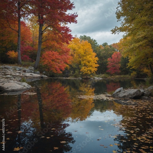A tranquil pond surrounded by colorful autumn foliage. 