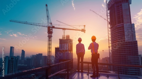 Investor  engineer  and worker assess real estate development with crane and skyscraper in background