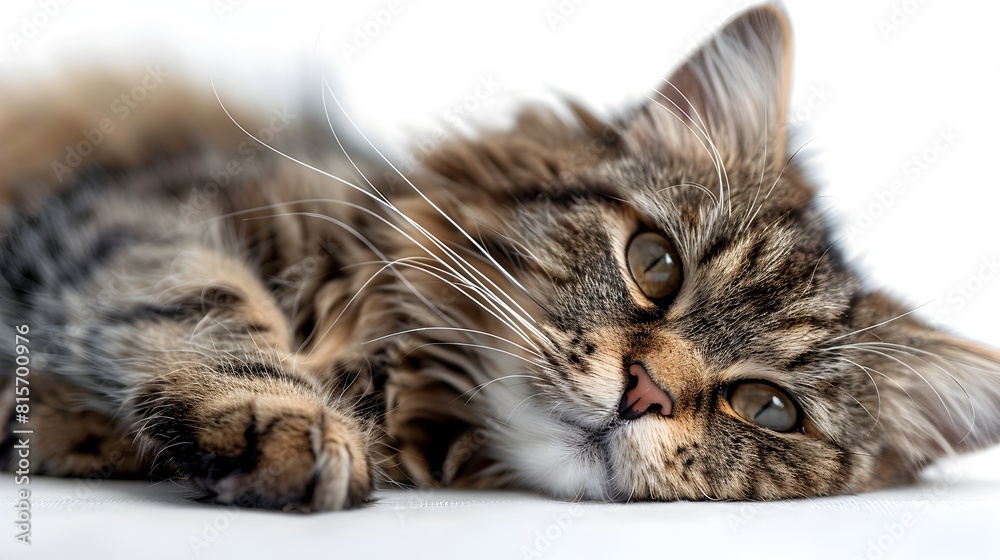 Fototapeta premium Peaceful Feline Resting on White Backdrop with Soft Fur and Focused Gaze
