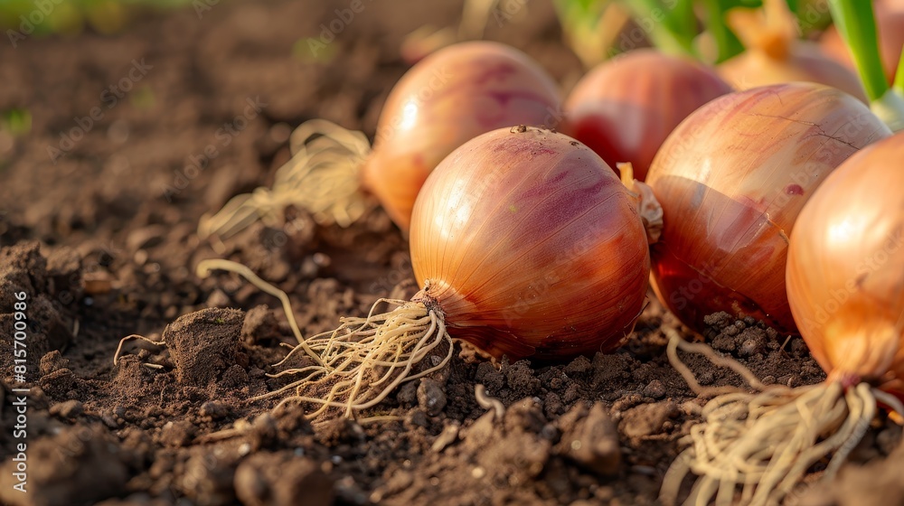 Fresh onions with vibrant skins partly buried in fertile soil, showcasing organic farming and natural growth in agriculture. Fresh onions with vibrant skins partly buried in fertile soil, showcasing organic farming and natural growth in agriculture.