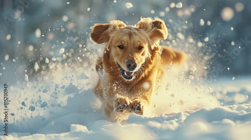Lively canine racing through the snow to fetch a thrown object in a winter wonderland