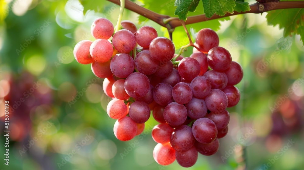 Close-up of a bunch of ripe red grapes on a vine, highlighted by sunlight, signifying fruitful harvest and winemaking. Close-up of a bunch of ripe red grapes on a vine, highlighted by sunlight, signifying fruitful harvest and winemaking.