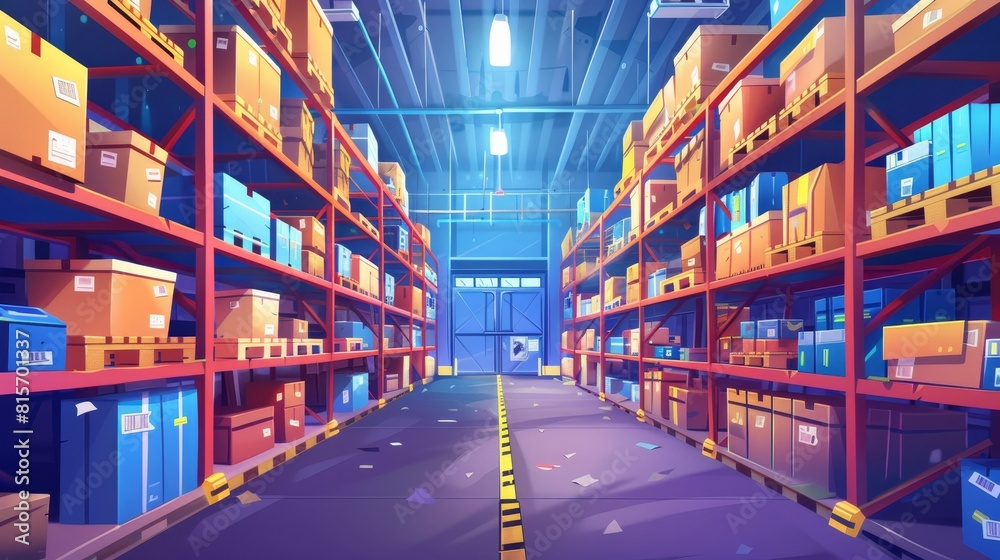 A warehouse interior containing racks filled with stacked boxes on pallets, equipment for storing stock products. Logistics, cargo and goods delivery, postal service and cartoon. A warehouse interior containing racks filled with stacked boxes on pallets, equipment for storing stock products. Logistics, cargo and goods delivery, postal service and cartoon.