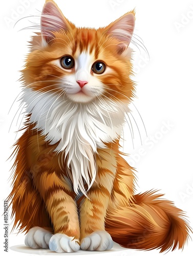 Cute Ginger Cat Sitting in Bright Cartoon Style on White Background