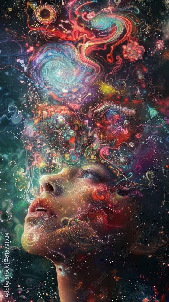 Painting of a woman with a colorful head and a space background Painting of a woman with a colorful head and a space background