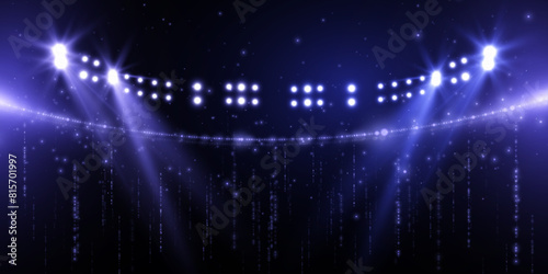 Vector bright stadium floodlights brightly illuminate sports games, concerts, shows, evening or night events. Isolated on transparent background. Set of bright spotlights. Vector