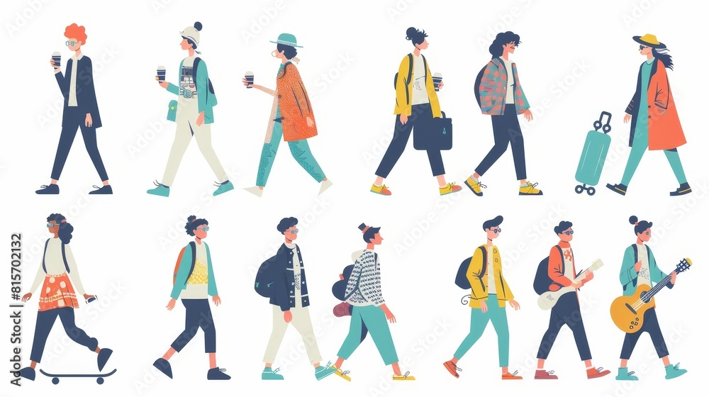 Diverse passerby characters walk. A tourist with a camera, a courier with a coffee cup, a student with a skateboard and a teenager with a guitar, all in flat modern illustration. Diverse passerby characters walk. A tourist with a camera, a courier with a coffee cup, a student with a skateboard and a teenager with a guitar, all in flat modern illustration.