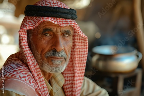 Portrait of a senior man with a keffiyeh, depicting cultural attire