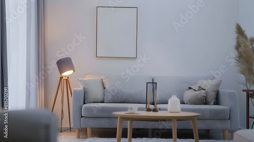 Stylish scandinavian interior of living room with design grey sofa retro wooden table mock up poster frame decoration  carpet and personal accessories in elegant home decor   Generative AI
