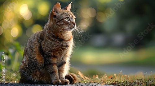 Majestic Tabby Cat Sitting in a Lush Green Garden