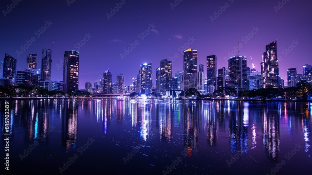 Fototapeta premium Sparkling cityscape reflecting off a tranquil river in the dead of night