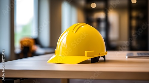 Yellow white red safety helmet on workplace table AI Generated 