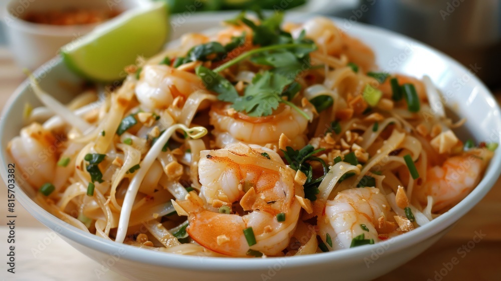 Tempting Pad Thai noodles stir-fried to perfection with tender, flavorful shrimp Tempting Pad Thai noodles stir-fried to perfection with tender, flavorful shrimp