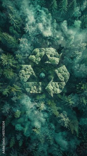 A green forest with a recycling symbol in the middle