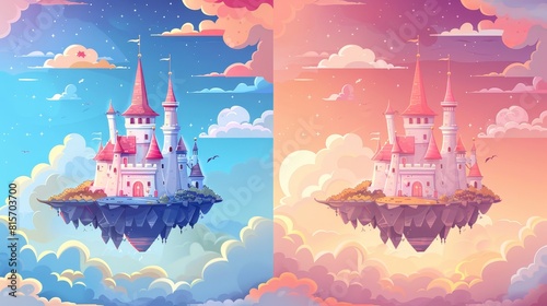 A fantasy summer and autumn landscape with a pink magic castle floating on floating islands with fluffy clouds in heaven, Cartoon modern illustration. photo