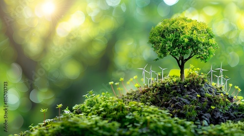 Green energy concept with wind turbines and tree