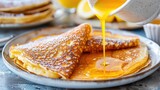 pancakes topped with a drizzle of fine syrup, tempting the viewer with their delectable aroma
