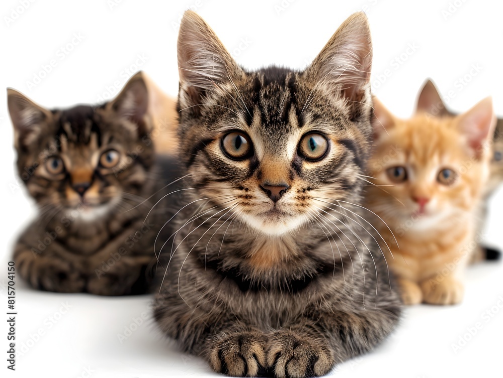 Charming Trio of Curious Kittens Resting on White Backdrop