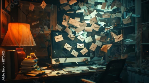 Countless paper envelopes flutter into the digital realm of the computer monitor photo