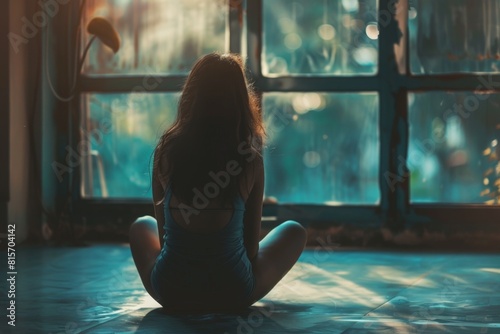 Woman sitting on the floor looking out a window