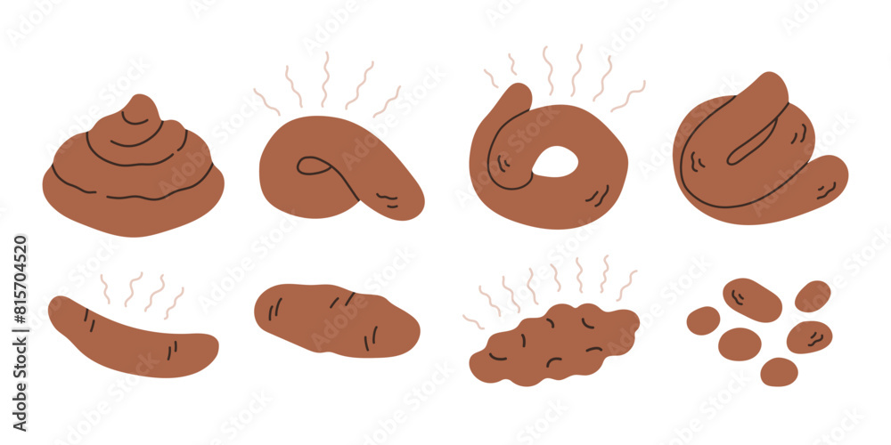Brown poop vector set on white background. Cartoon image bunch shit. Icon pile of dog, cat or human poo 