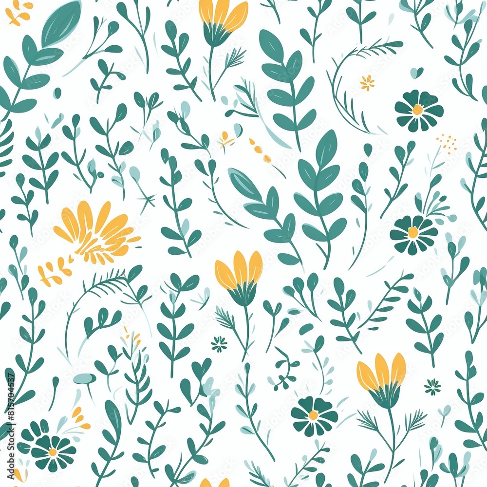 Seamless floral pattern for summer fabric. Wildflowers with grass and leaves on a white background.