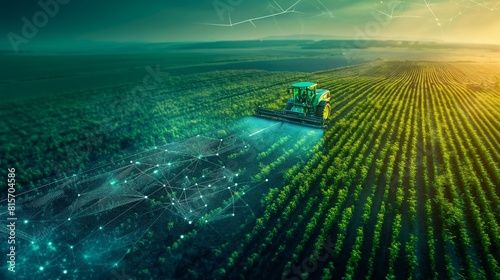 A farm utilizing cutting-edge AI technologies to monitor crops, with a side view that highlights precision farming and a tech tone