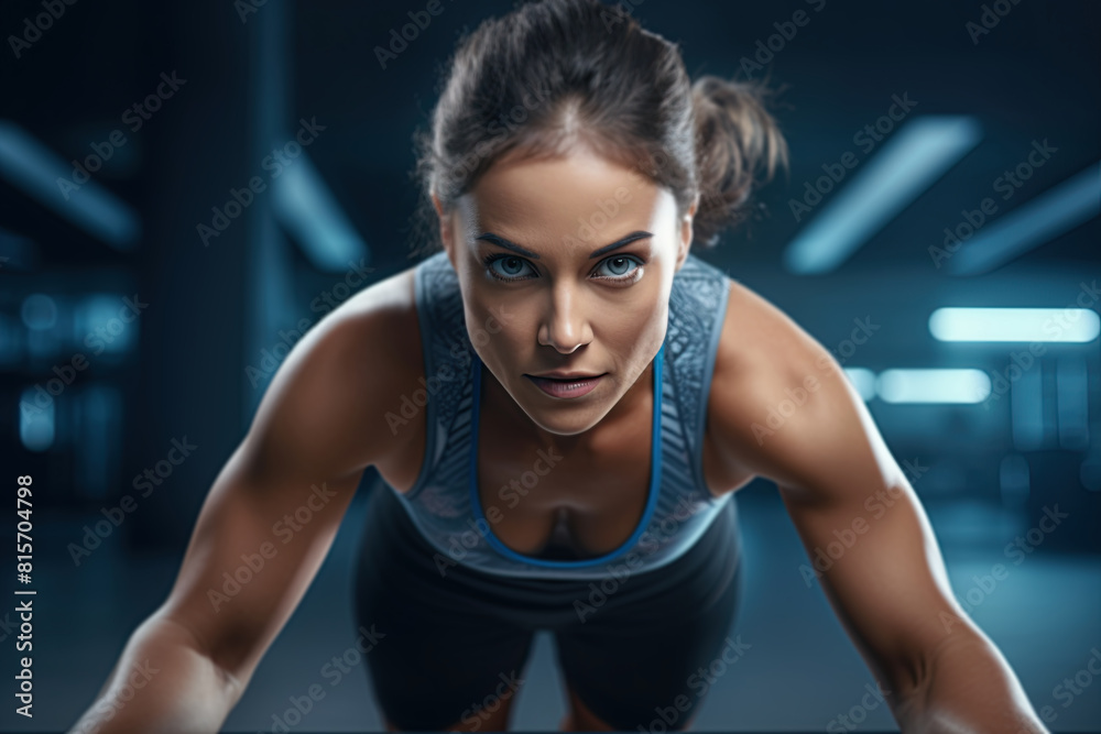 Young sexy woman doing push-ups at the gym. Muscular female exercising. Ai Generative Young sexy woman doing push-ups at the gym. Muscular female exercising. Ai Generative
