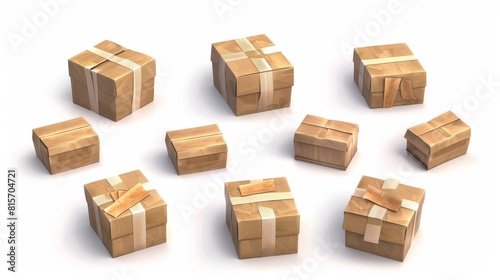 A 3D rendering of cardboard boxes isolated on a white background. Closed parcels and open parcels  delivery cargo packages viewed top down  realistic illustration.