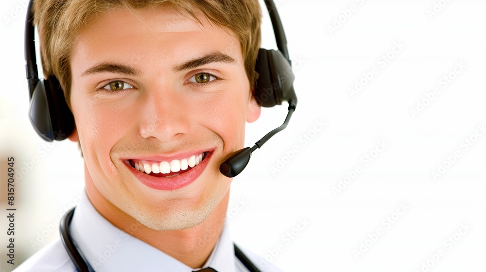 Smiling young male call center agent with headset on white background Smiling young male call center agent with headset on white background