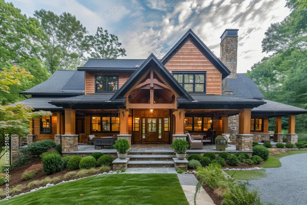 Majestic luxury house with illuminated windows nestled among trees at evening time Majestic luxury house with illuminated windows nestled among trees at evening time