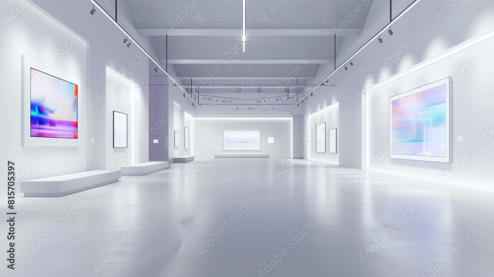 Futuristic art gallery with white walls and ambiently lit digital displays for a modern exhibition. Futuristic art gallery with white walls and ambiently lit digital displays for a modern exhibition.