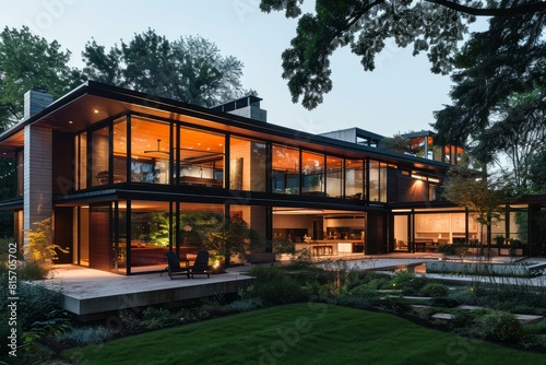 Illuminated contemporary house with large windows during evening hours