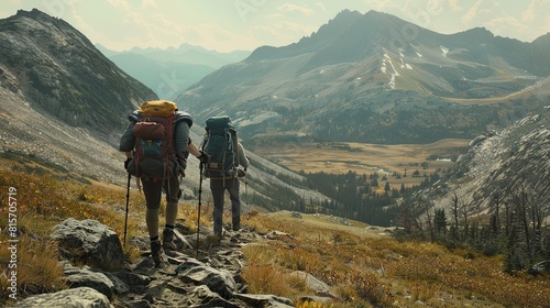 Two people wearing backpacks are hiking on a rocky dirt trail in a canyon with rugged mountains in the background.