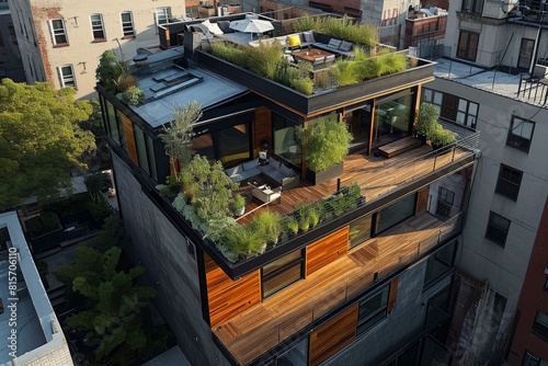 Overhead view of a contemporary eco-friendly apartment with a lush rooftop garden