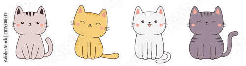 Cat kitten sitting icon set line banner. Cute kitty funny face head. Contour line doodle. Different emotions, colors. Cartoon kawaii baby character. Sticker print. Flat design. White background Vector