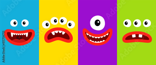 Happy Halloween. Cute monster funny face head set line banner. Four rectangular monsters banner. Spooky Smiling screaming sad face emotion. Eyes, teeth fang, lips. Flat design. Kids background. Vector