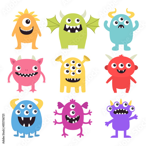Happy Halloween. Monster icon set. Cute kawaii cartoon funny baby character. Sticker print. Colorful silhouette. Eyes  fang teeth  horn  wing. Childish style. Flat design. White background. Vector