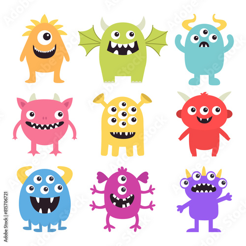 Happy Halloween. Monster icon set. Cute kawaii cartoon funny baby character. Sticker print. Colorful silhouette. Eyes, fang teeth, horn, wing. Childish style. Flat design. White background. Vector