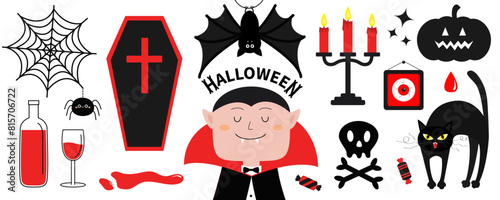 Happy Halloween. Count Dracula icon set. Bat, spider web, blood wine bottle glass, coffin, cat, pumpkin, red eye, candle holder. Cute cartoon vampire character. Flat design. White background. Vector