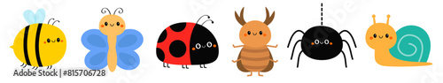 Butterfly, bee bumblebee, lady bug ladybird, beetle, snail cochlea, spider web. Flying insect icon set line. Cute cartoon kawaii funny character. Valentines Day. Flat design. White background. Vector