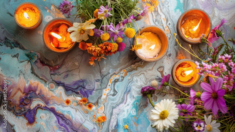 Capture the essence of the Summer solstice celebration with a beautifully adorned altar featuring vibrant flowers flickering candles set against an abstract marble backdrop This scene richl