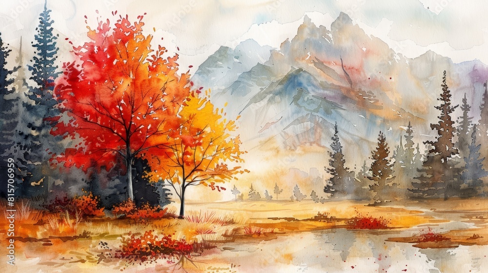 Watercolor artwork capturing the essence of fall with vivid red and yellow trees alongside serene pine trees, suitable for a tranquil setting