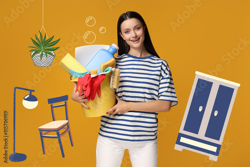 Young and beautiful Housewife, House cleaning, design for your advertising