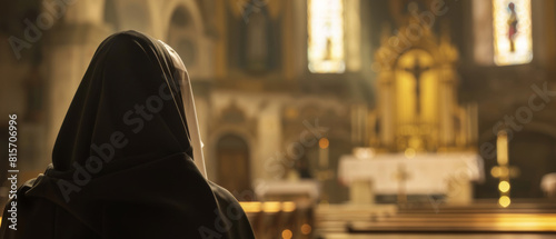 Mysterious figure in a cloak at church, creating a sense of reverence.