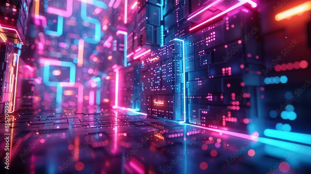 Fototapeta premium Vibrant digital technology background with geometric patterns and neon lights, evoking a sense of energy and modernity.