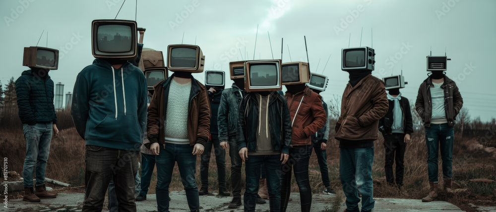 A surreal gathering where individuals with vintage TVs as heads stand in an eerie, open landscape.